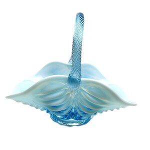 Mosser Aqua Blue Opalescent Drapery Vintage Glass Basket Twisted Handle 8" USA